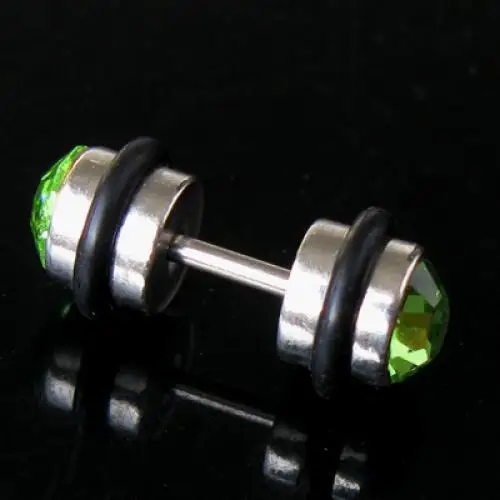 Mens Earring Ear Stud Stainless Steel Green CZ Crystal Fake Plug