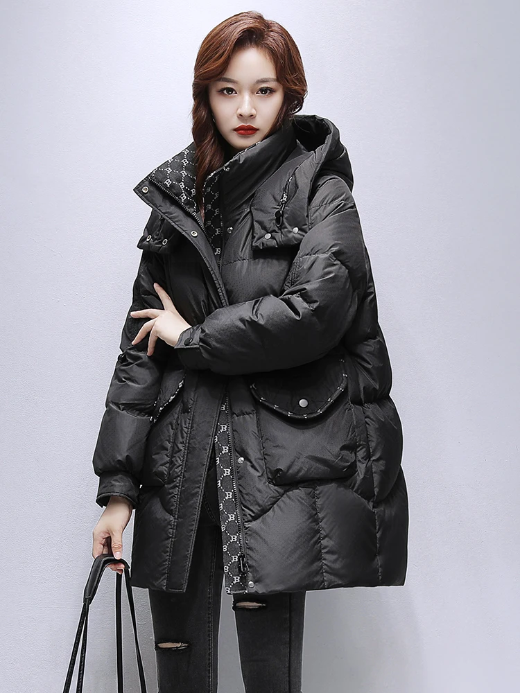 

2023 Autumn Winter New Medium Length Waistband Hooded Women Down Jacket Thickened 90 White Duck Down Coa