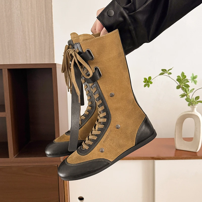 

Color Block Inside High School Shoes Round Toe Suede Front Lace-Up Soft Slip Casual Low Heel Shoes