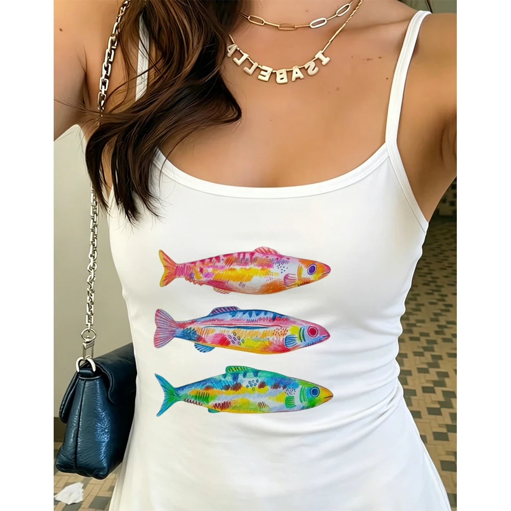 Funny Fish Design Camisole Colorful Marine Print Tank Top Summer Y2K Kawaii Sleeveless Vest Daily Wear Street Fashion Top