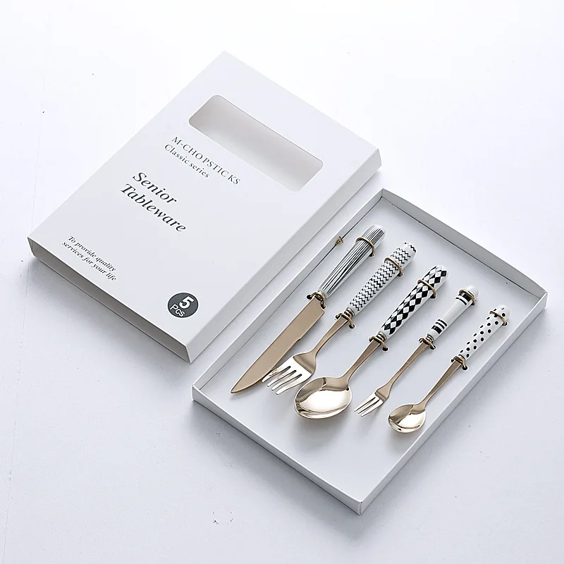 Knife Fork and Spoon Set Vintage Hepburn Style Stainless Steel Cutlery Ceramic Handle Fork and Spoon Accompanying Gifts