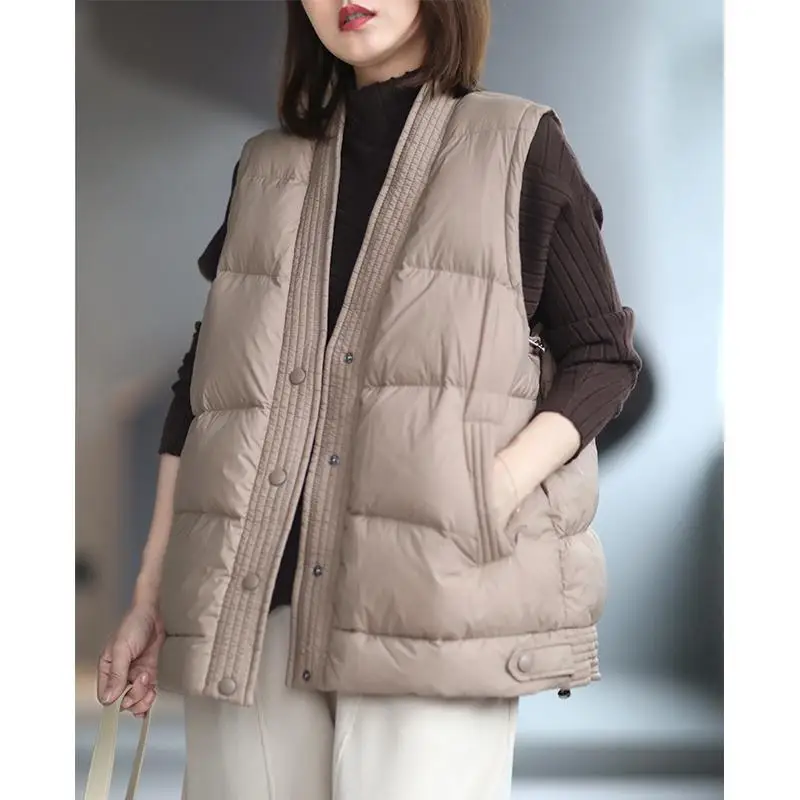

White Du down Vest Women's Casual Loose V-ne Jaet Korean Sle Faionable Warm Autumn Winter New Arrival