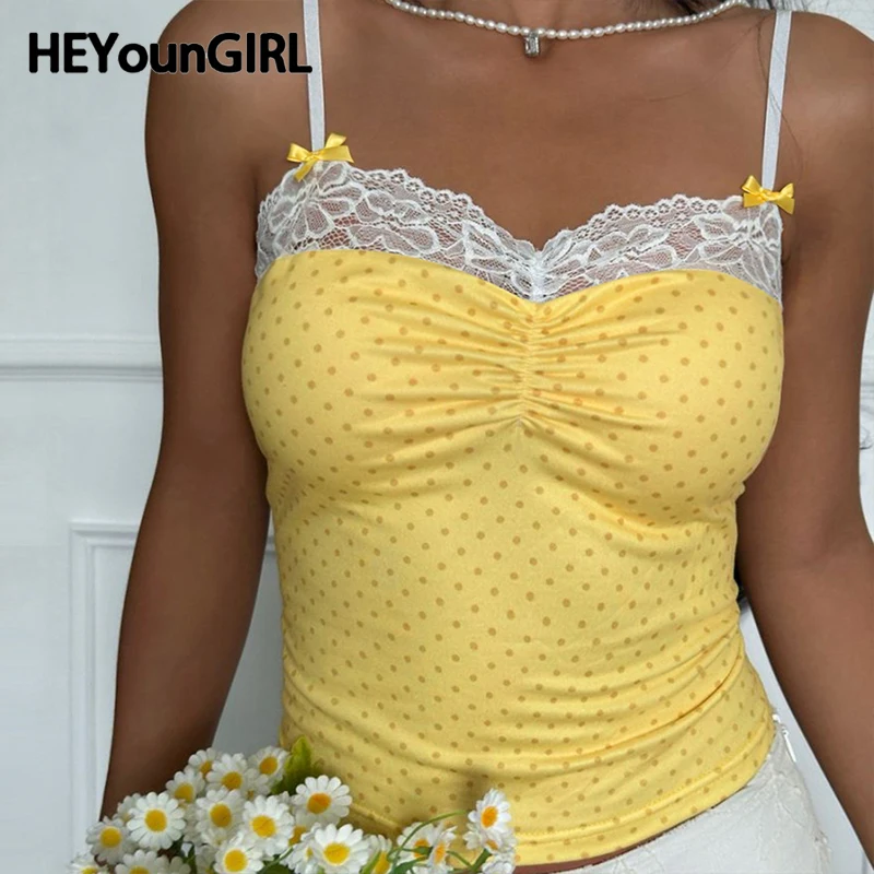 

HEYounGIRL Y2K Эстетическая бретелька с кружевной отделкой Летний желтый горошек Милый топ на бретелях Prairie Chic Укороченный топ без рукавов с бантом