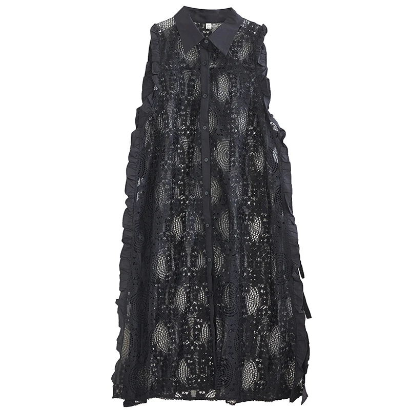 봄 여름 레이스 속이 비치는 벨트형 베스트 드레스 큰 사이즈 여성용 턴다운 칼라 롱 스플릿 커버업 스커트 베스트 드레스