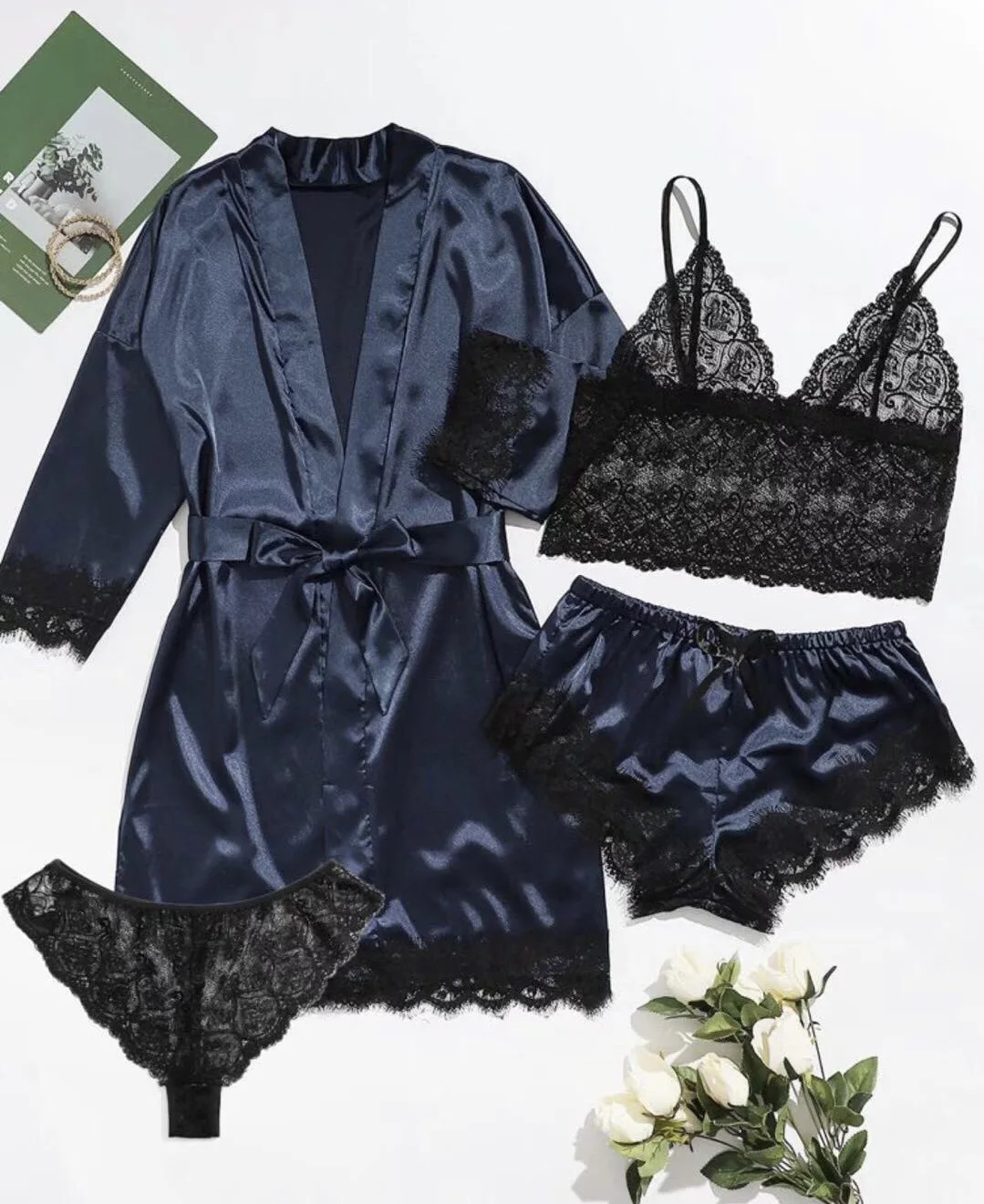 new Women\'s Sleep Lounge New Pajama Sets European American 4-piece set with lace satin suspender summer set for sleeping pajamas