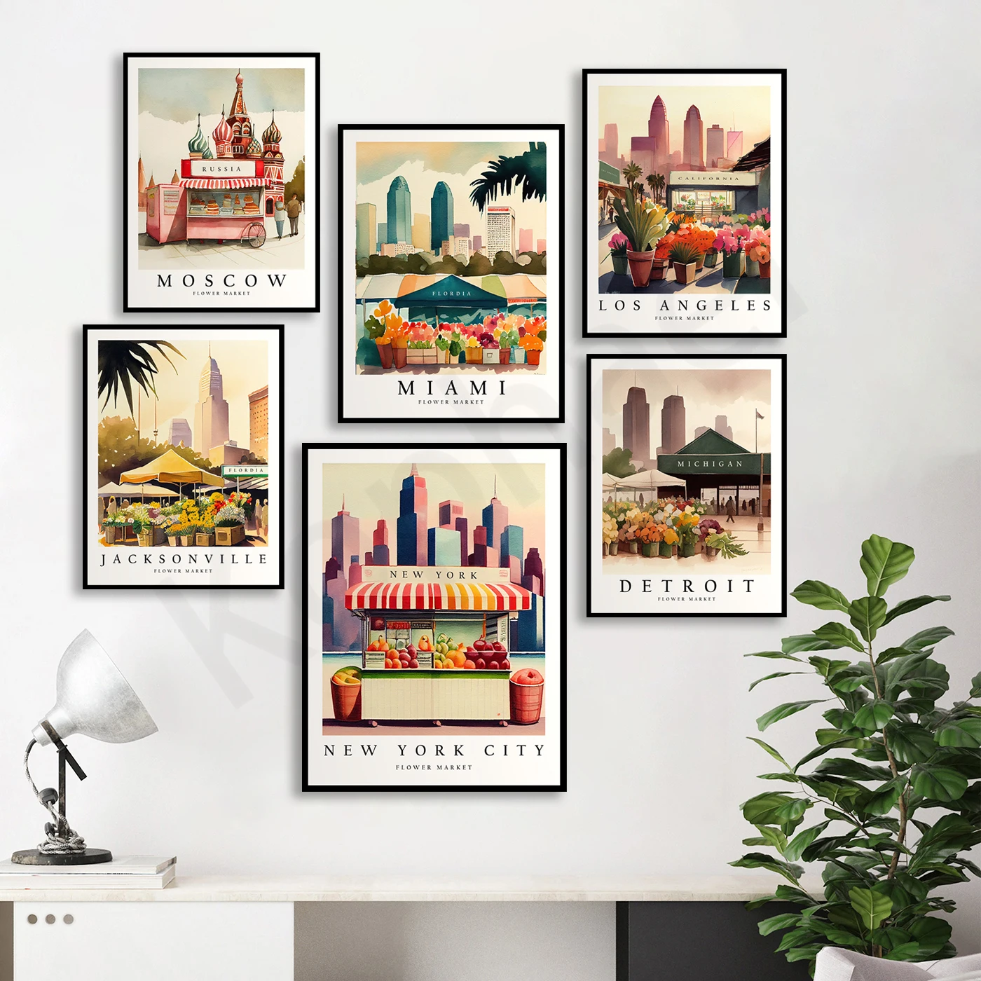 New York Moscow Miami Los Angeles Jacksonville Fort Worth Eiffel Tower Detroit. City Flower Market Poster