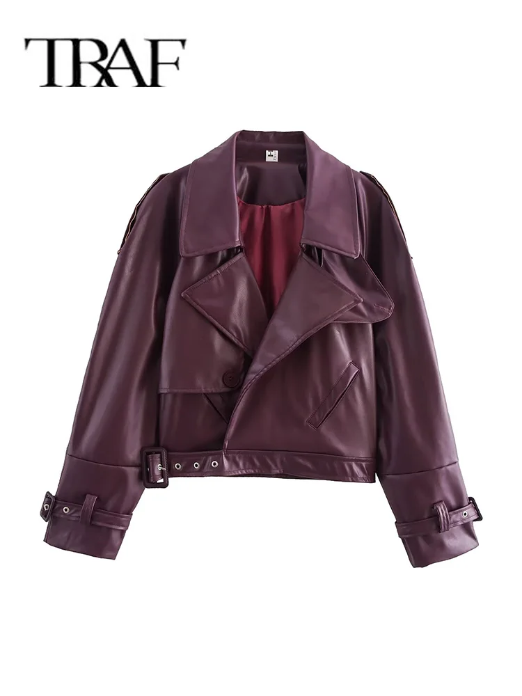 TRAF Women Faux PU Leather Jacket 2024 Casual Lady Lapel Zipper Short Leather Jacket High Street Motorcycle Coat