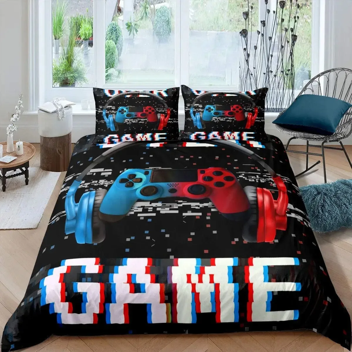 

Video Games Bedding Set 3D Headset Headphones Gamer Gamepad Duvet Cover Set,Boys Music Quilt Set,Gaming Controller Bedroom Decor