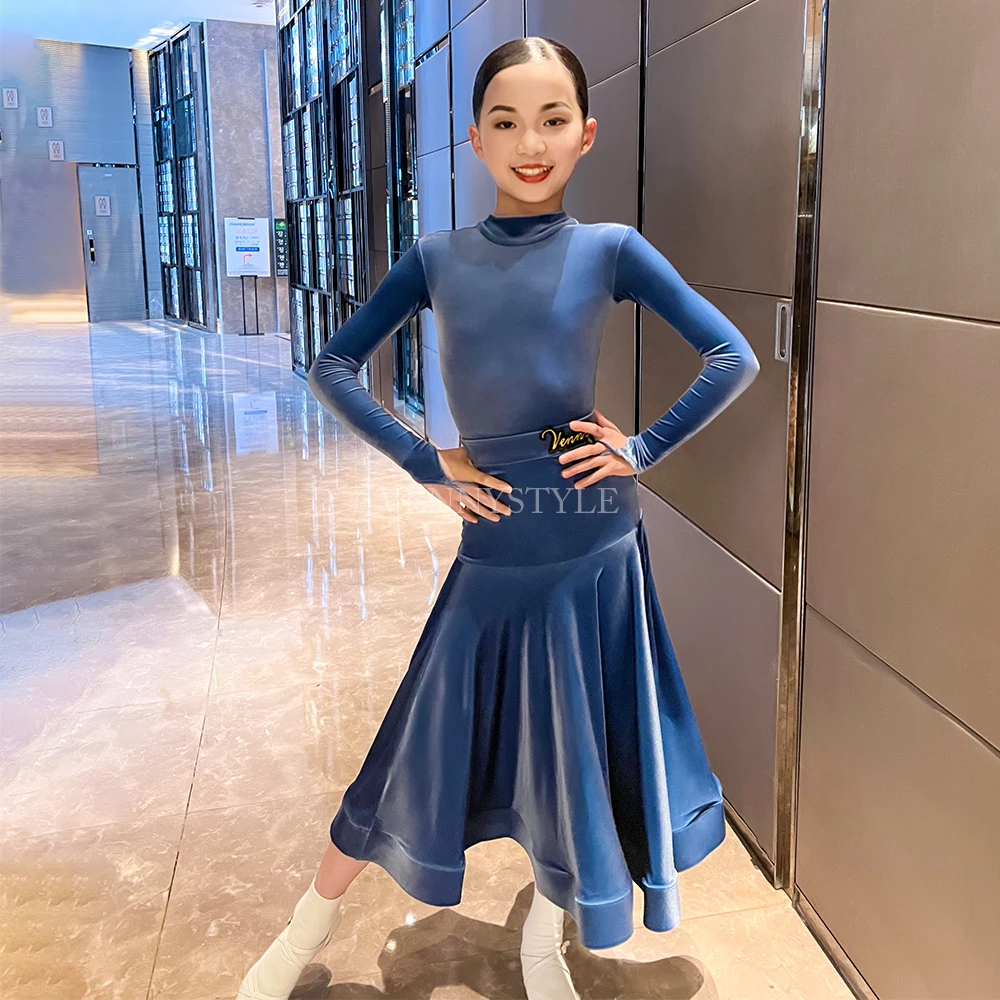 

Vennystyle Latin dance competition dress Long sleeve blue dance dress Professional Moden dance dress ballroom dance skirt