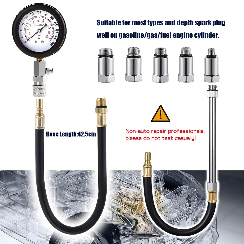 Podofo Motorrad- und Auto-Motorzylinder-Kompressionstester-Set 0-300PSI 0-20bar Doppelskala-Druckmessgerät mit 5 Adaptern M10 M12 M14 M16 M18 für Benzinmotor-Diagnosewerkzeug Automotive