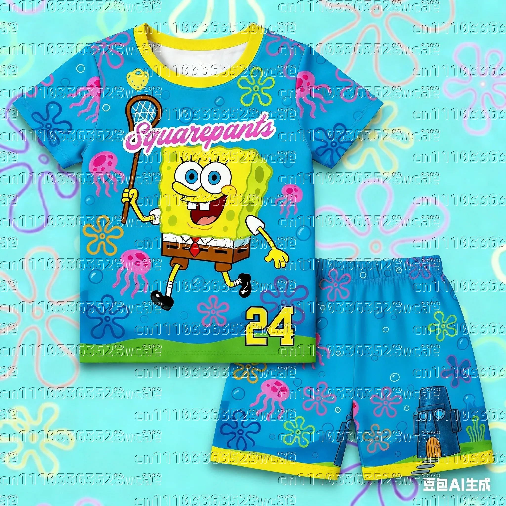 2026 Honey Jar Brand SpongeBob SquarePants Fitness Theme Summer Oversize T-shirt Shorts Adult T-shirt Set FamilyMatching