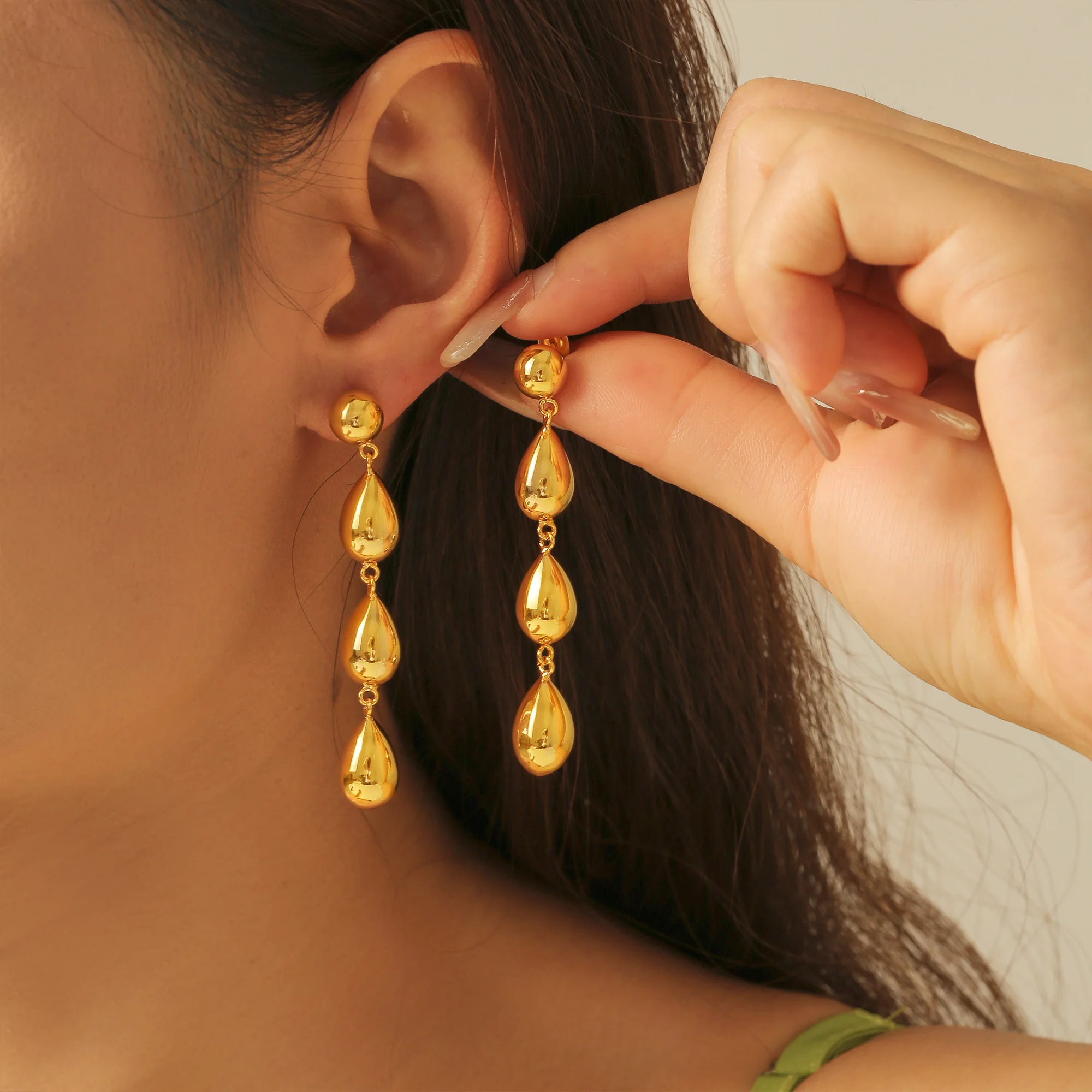 3 Droplet Pendant Stud Earrings For Women 18k Gold Plated Waterproof No Tarnish Women\'s Long Dangle Earring Girls Ear Ring Studs