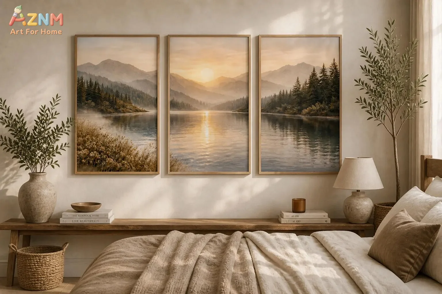 Misty Lake Wall Art Set of 3, Neutral Landscape Prints, Soft Vintage Mountain Lake Decor, Calm Nature Wall Art, Triptych Set