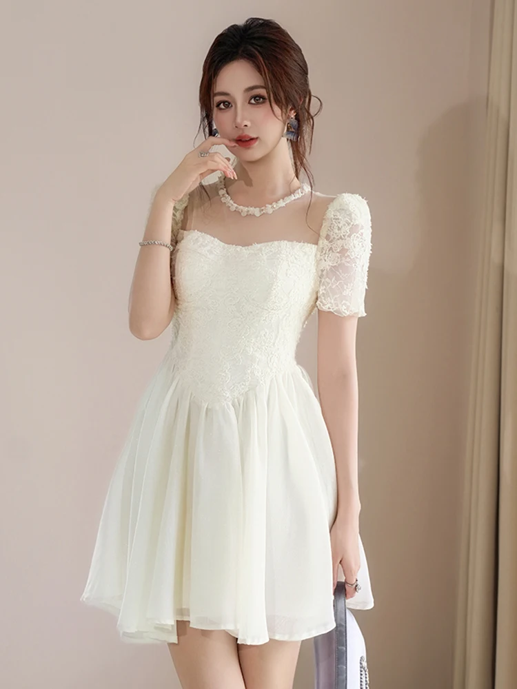 Femmes vêtements soirée dentelle maille florale pure Sexy col rond mince a-ligne robe courte élégante dame fête bal anniversaire robes nouveau