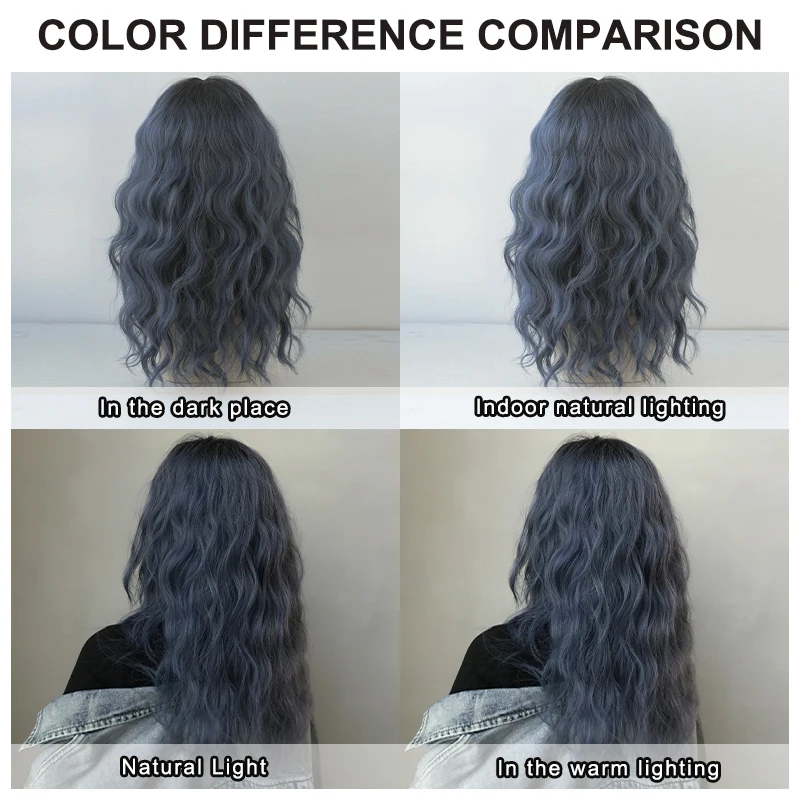 7JHHWIGS Shoulder Length Loose Wave Blue Wigs with Dark Roots High Density Synthetic Layered Curly Wavy Hair Wig for Women Daily