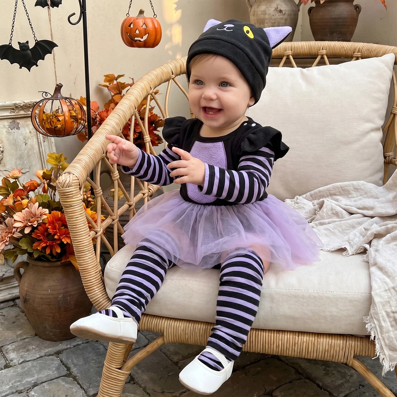 0-18M Baby Girls Black Cat Costume Fashion Halloween Long Striped Sleeve Romper Dress with Hat, Stockings 3Pcs Outfit