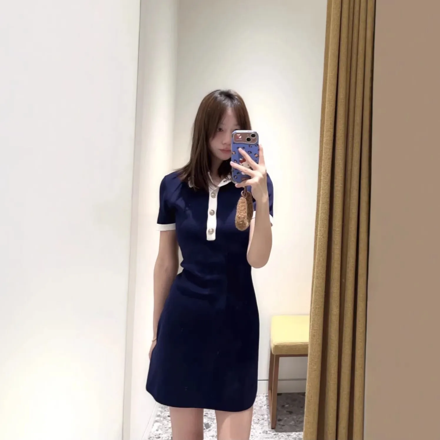 

2026 Spring Women Contrast Color Knitted Dress Short Sleeved Silver Button Turn-Down Collar Female Temperament Mini Robe