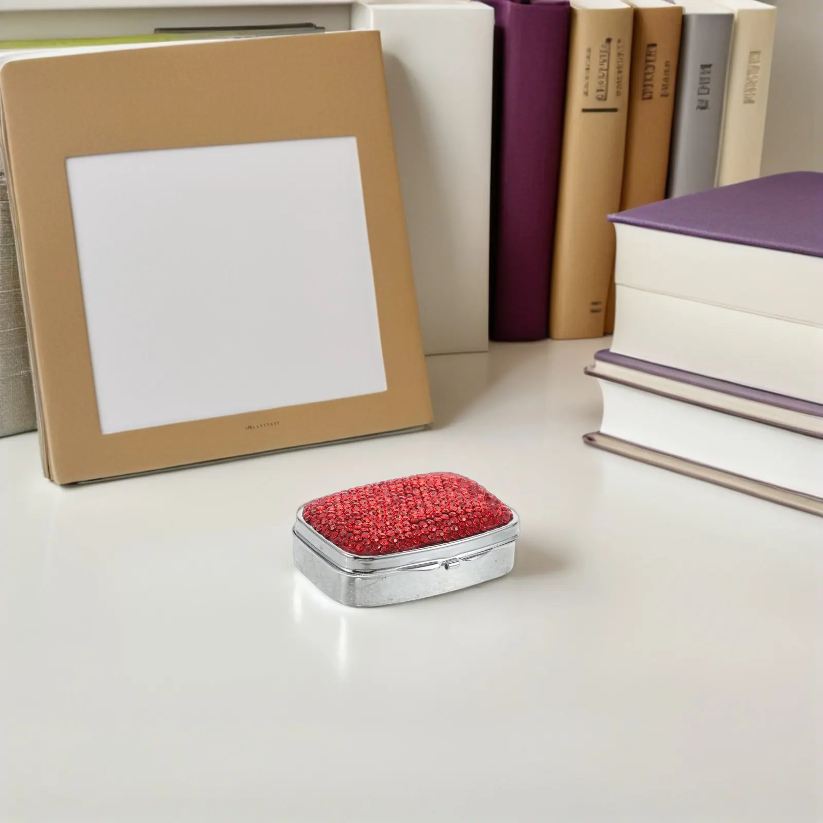 Bling Rhinestone Pill Box Portable Mini Medicine Organizer Rectangle 2-Compartment Travel Case Daily Medication Ab Color Red
