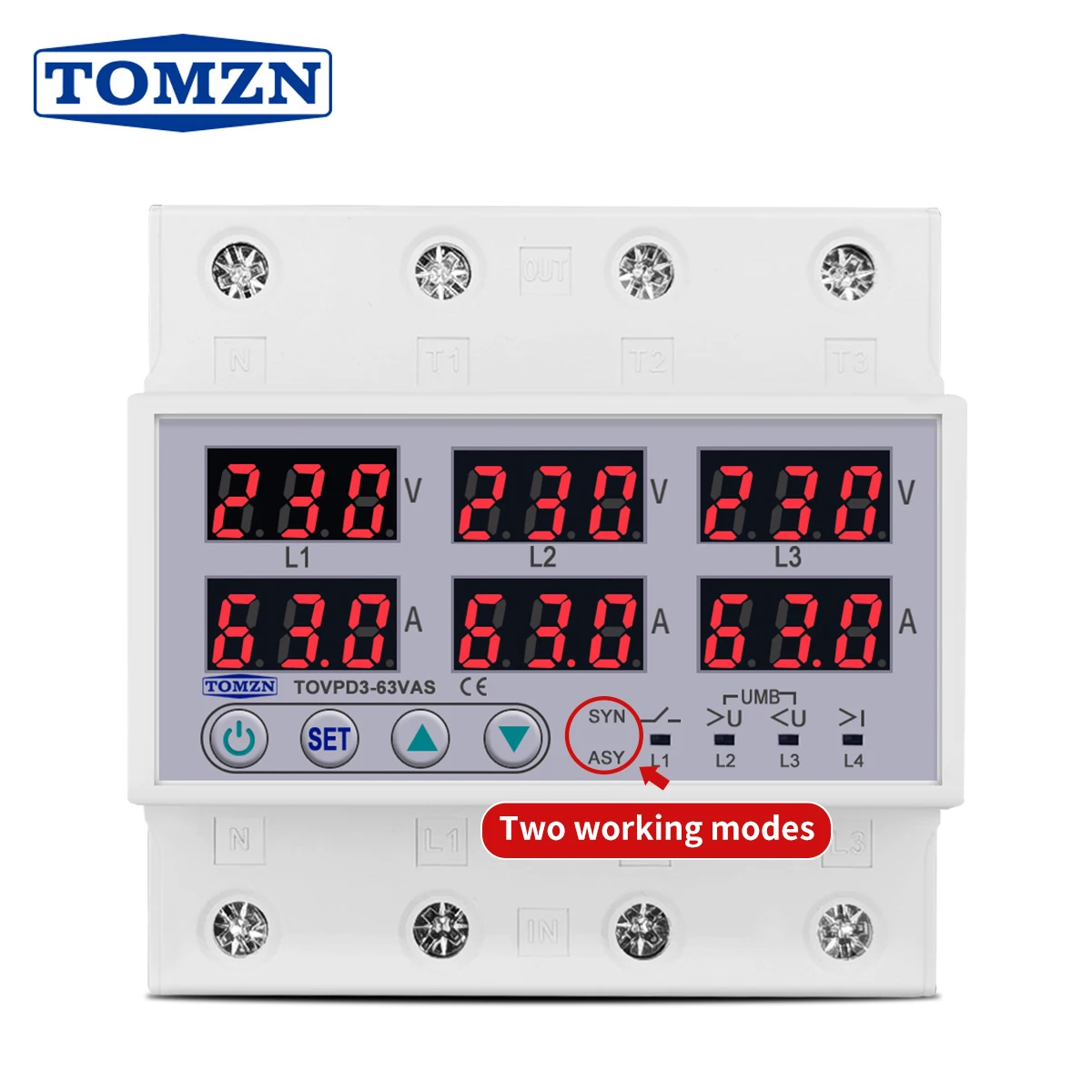 3 Phase 63A Din rail adjustable Over Under Voltage current limit protection Relay Protector SYN ASYNC Synchronous Asynchronous