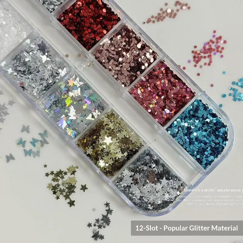 12 Fächer Mini-Pailletten mit Tupfen, Schmetterlingen, Sternen, Herzen, Glitzerpulver, Nagelkunst-Charms, Dekorationen, gemischte Aufkleber, Maniküre-Werkzeug – Detail 4