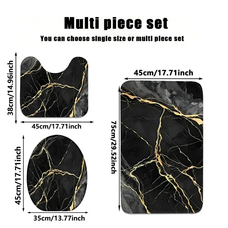VIKAMA Gold Marble Bath Mat Set, 3PCS Non-Slip Absorbent Rugs for Bathroom Floor, Shower, Toilet​