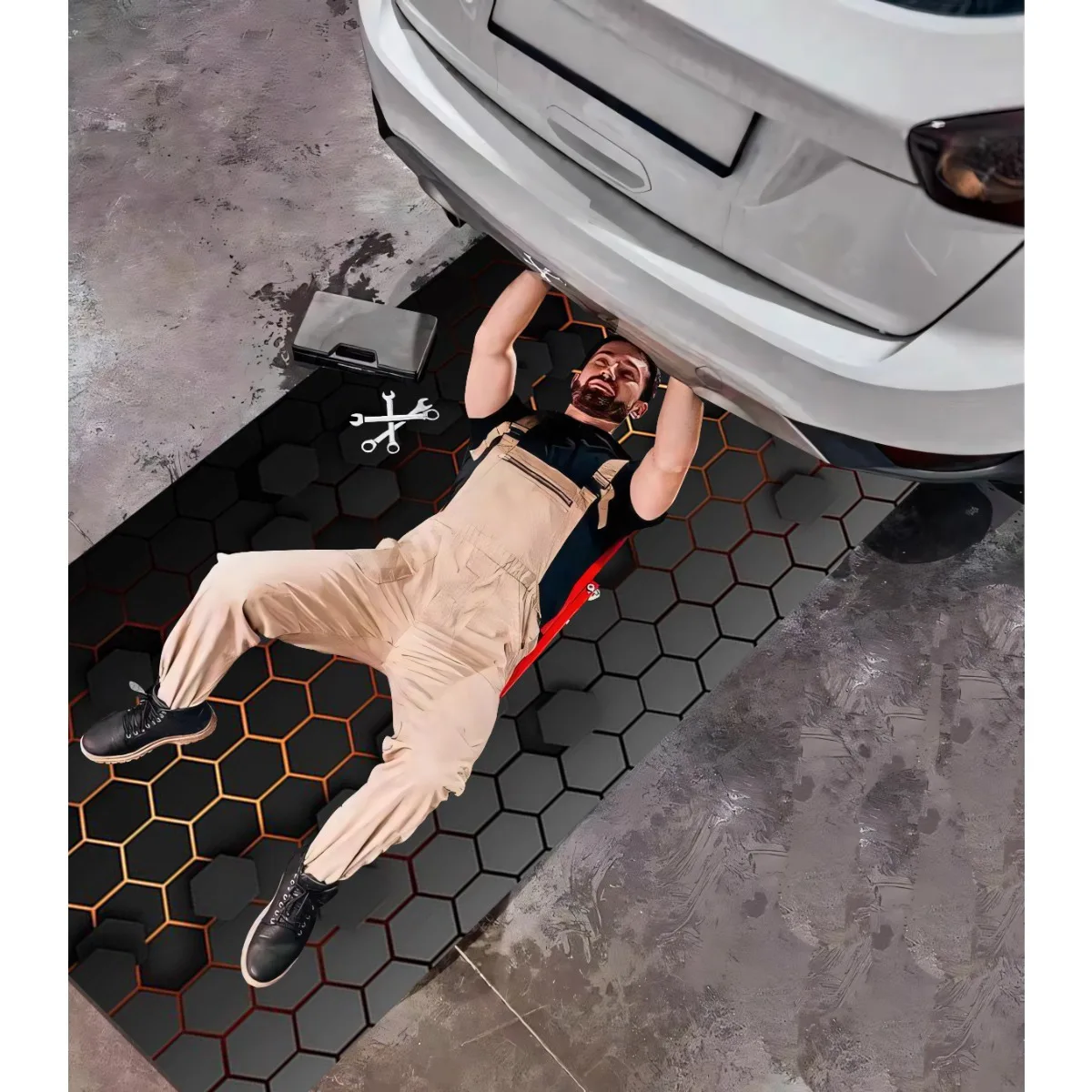 3D Honeycomb Motorcycle Mat, Non-Slip Garage Floor Mat for Motorbike Parking, Oil Absorbent, Cyber Style, Cool Garage Home Decor