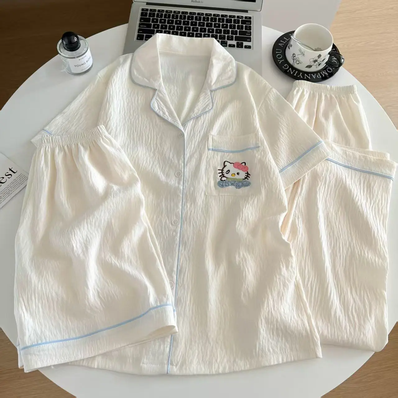 

Sanrio Hello Kitty Cotton Pajamas for Women Summer Sleepwear Pant Shorts Short Sleeve Pijama Kawaii Cartoon Nightwear Home Suit