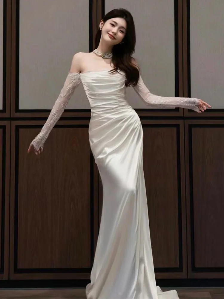 

Ele Lace Long Sve Satin Wedding Dr One oulder Korean Forest System Super Fairy White Small Train Tail Fi Tail Gown