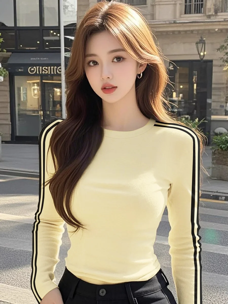 Slim Fit Pure Cotton Long Sleeve T-Shirt Women's Inner Wear Cream Apricot Sweet Spicy Early Spring Chic Short Base Shirt