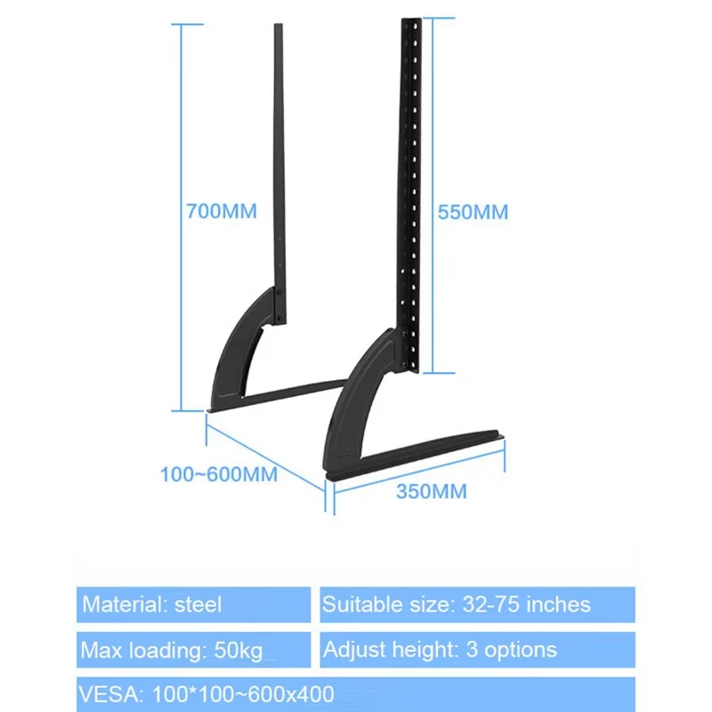 Universal Table Top TV Stand Mount for 32 to 75 Inch Screen TVs, TV Base 3-Level Height Adjustable TV Legs Max VESA 600x400mm