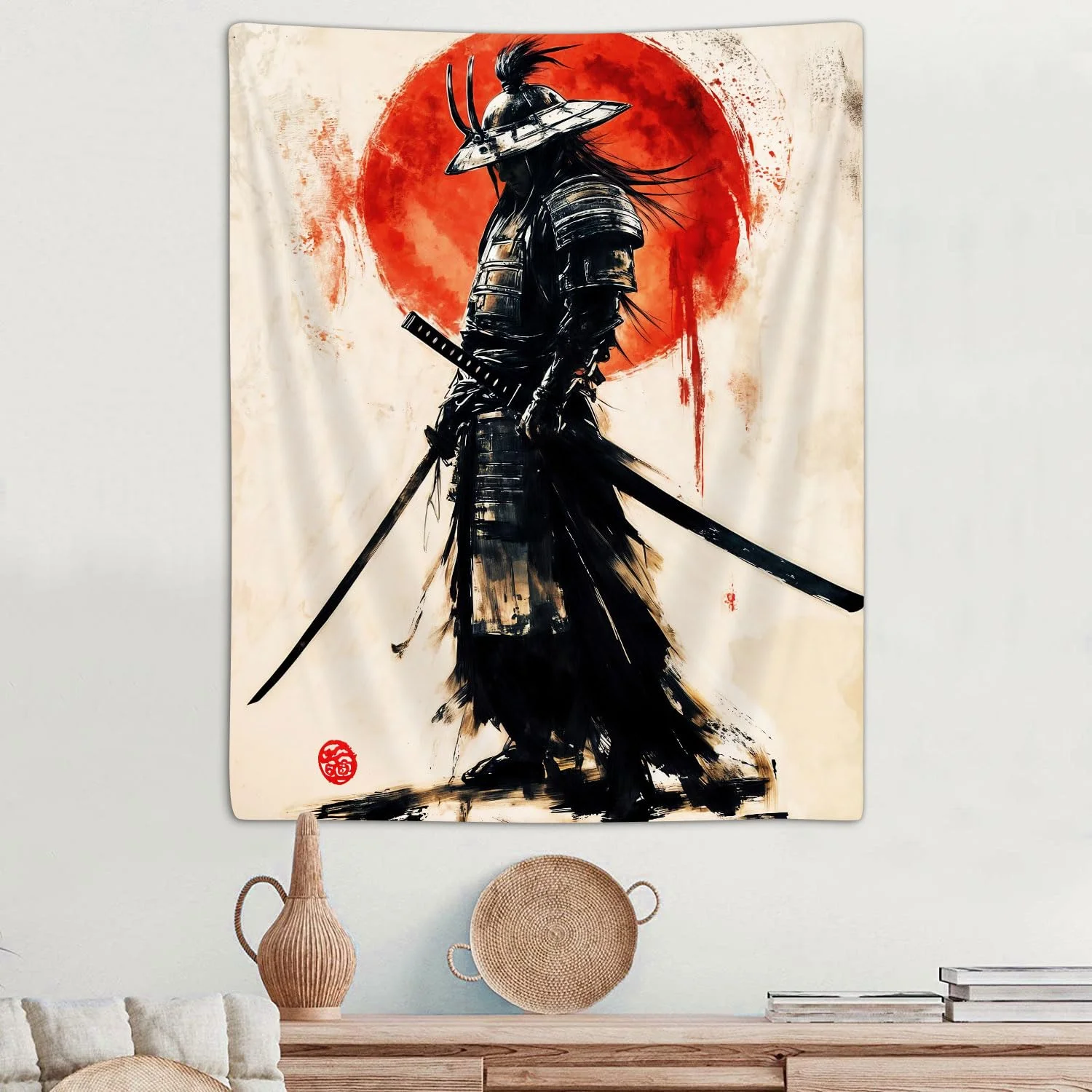 VIKAMA Anime Japanese Samurai Tapestry Ukiyo-e Red Sun Male Dormitory Bedroom Wall Hanging Decorative Home Accessory