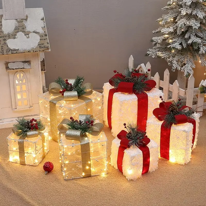 Lighted White Flocked Iron Christmas Gift Boxes 3Pcs, Semi-transparent Fabric Stackable Holiday Decor