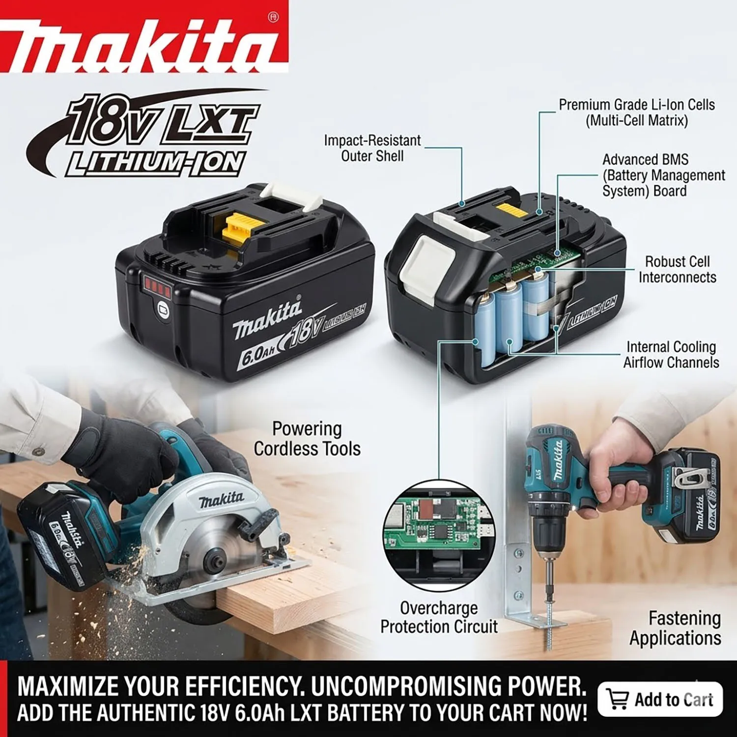Original Makita Battery 18V 6.0Ah Rechargeable Battery Power Tool BL1830 BL1840 BL1850 BL1860B Makita 18V
