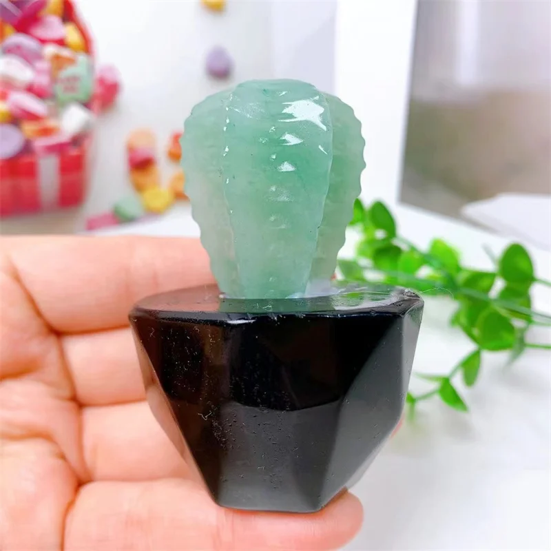 

2.8" Natural Green Aventurine And Black Obsidian Cactus Carved Healing Energy Gemstone Crystal Crafts For Desk Decoration 1pcs