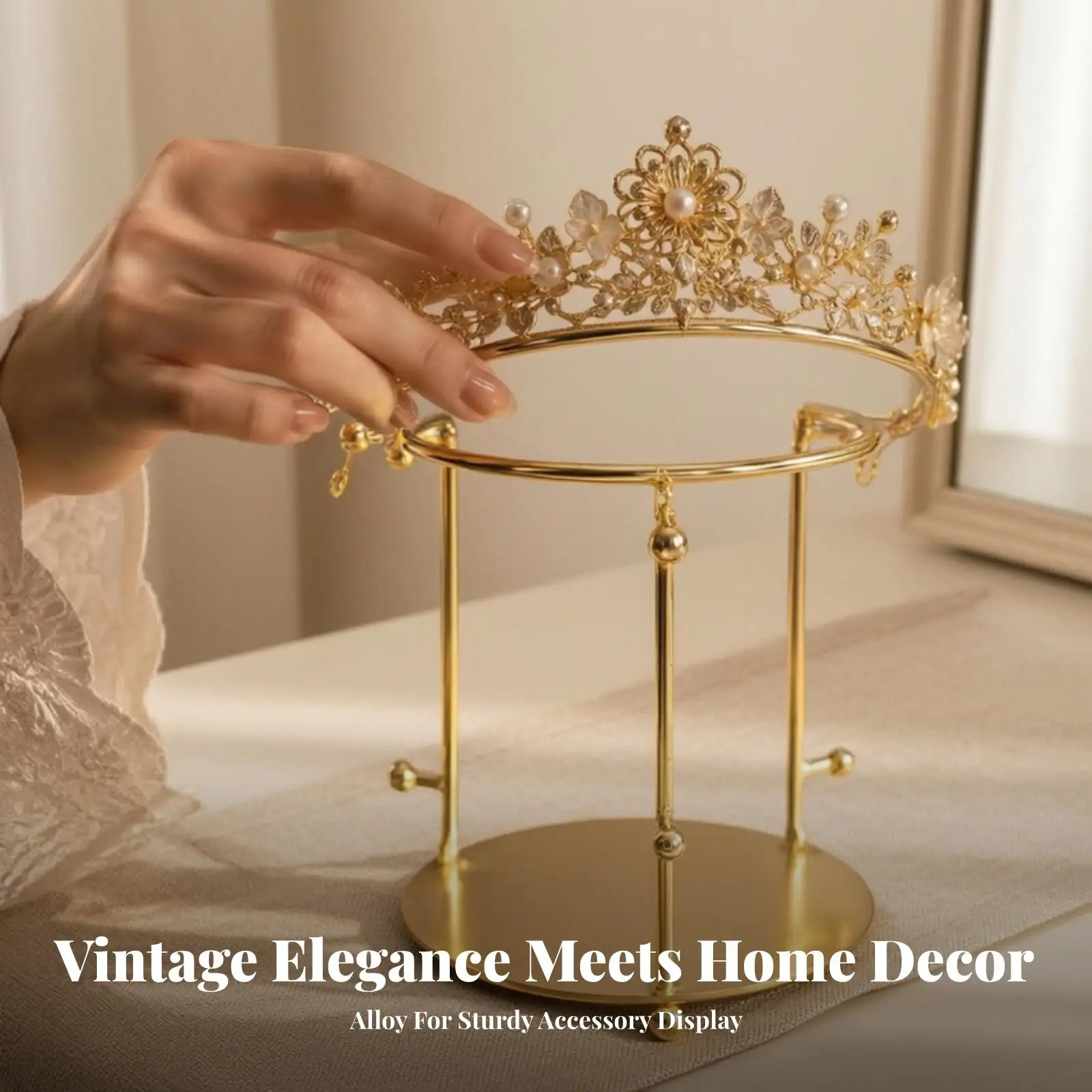 Crown Shape Display Stand Gold Alloy Headpiece Holder for Jewelry Displays Necklace Bracelet Organizer Tabletop Vanity
