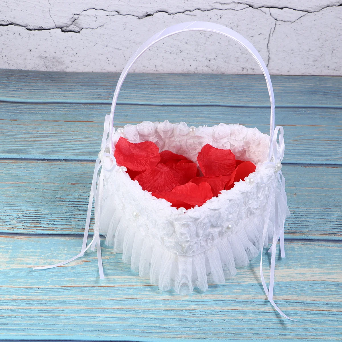 Heart Shape Wedding Basket White Elegant Flower Girl Basket Lifelike Flowers Romantic Wedding Ceremony Supplies