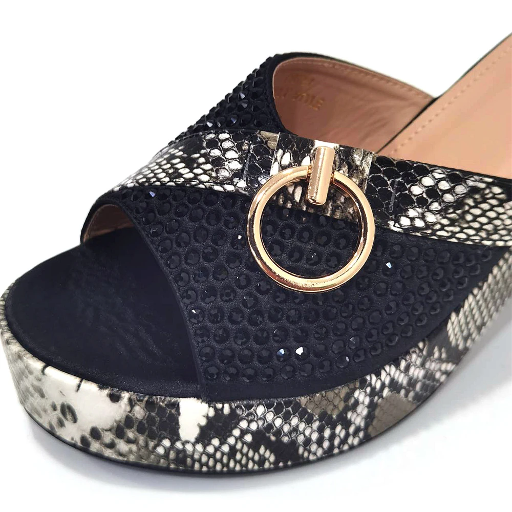 2024 New Black Style Rhinestone Square Buckle Wrapped Sandals Square Back Hollow Shallow High Heel Single Party Shoe