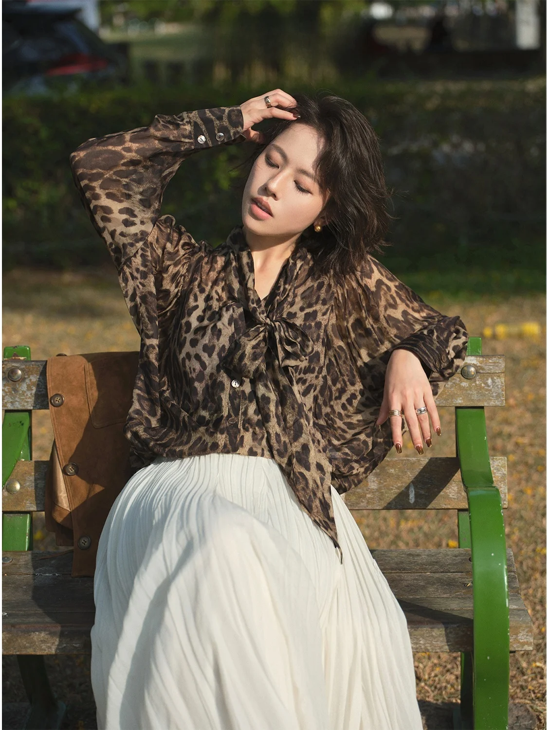 

Wdiva Leopard Print Retro round Neck Double Pocket Silk Long Sleeve Minimalist Style Overhead Shirt Women's Style Fashionable...