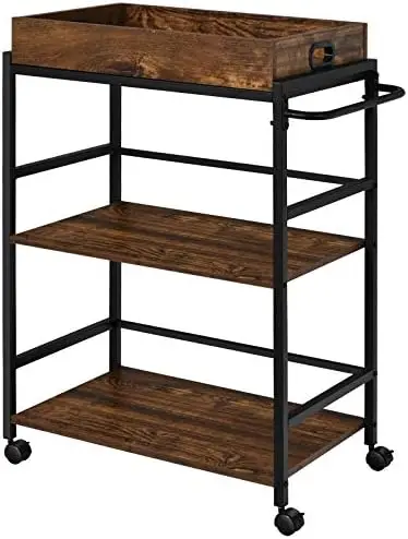 

Kitchen Island Cart, Industrial Cart on Wheels, Rolling Kitchen Service Carts, Removable Top, Handle Rack, Wood Trolley Utility