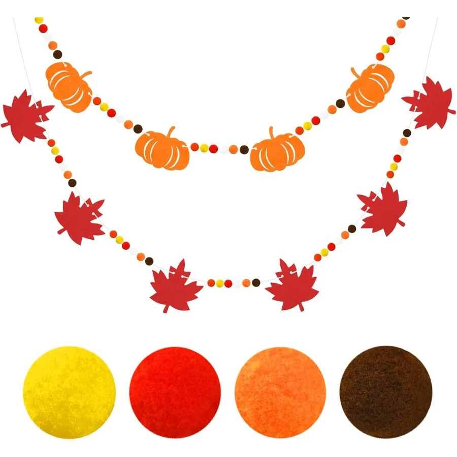 

GCQQ Фетровая гирлянда на День Благодарения — 2 упаковки, 16,4 фута, осенний баннер с помпонами, коричневый, оранжевый, красный, желтый, белый, 1,2 дюйма, 60 шариков, осенний клен Lea
