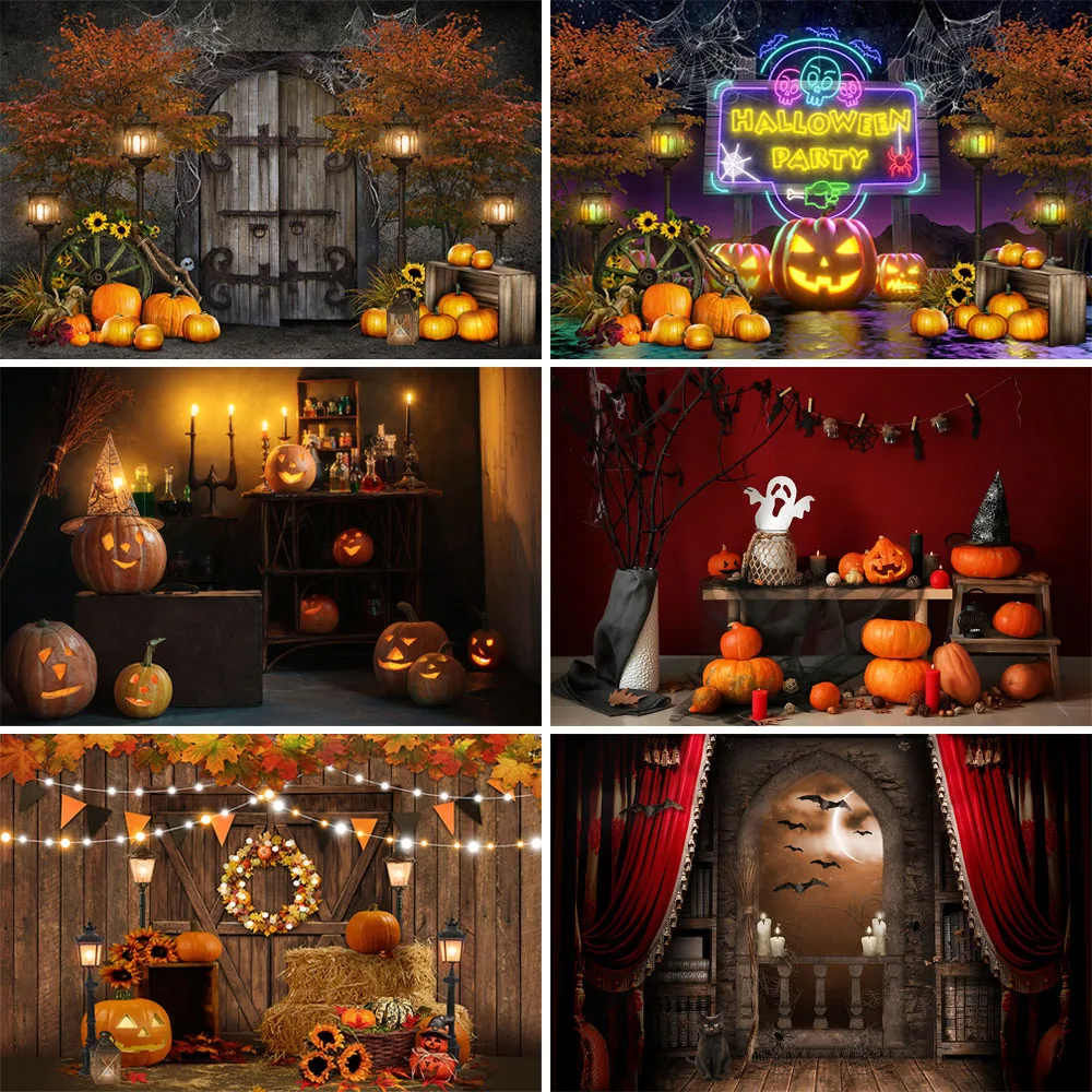 

Halloween Party Photography Backdrops Pumpkin Lantern Haunted Castle Burning Candle Decor Kids Portrait Background Photo Studio