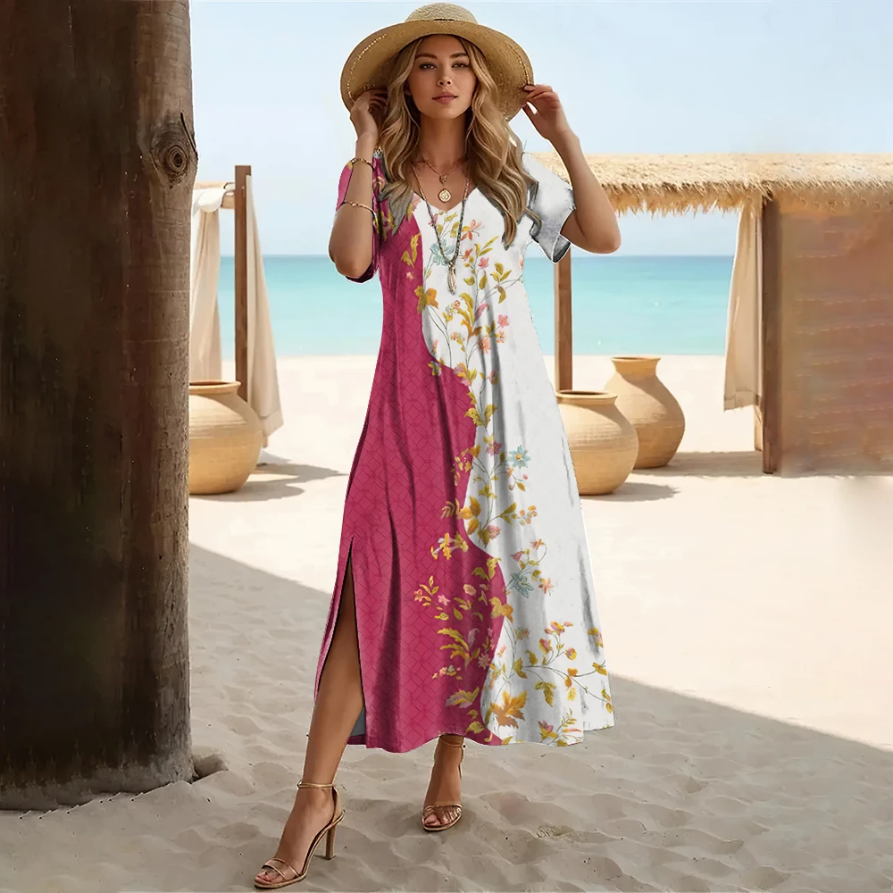 Robes décontractées à col en v pour femmes, été, plage en plein air, imprimé Floral, Style Patchwork, robes bohème hawaïennes, nouvelle collection 2025