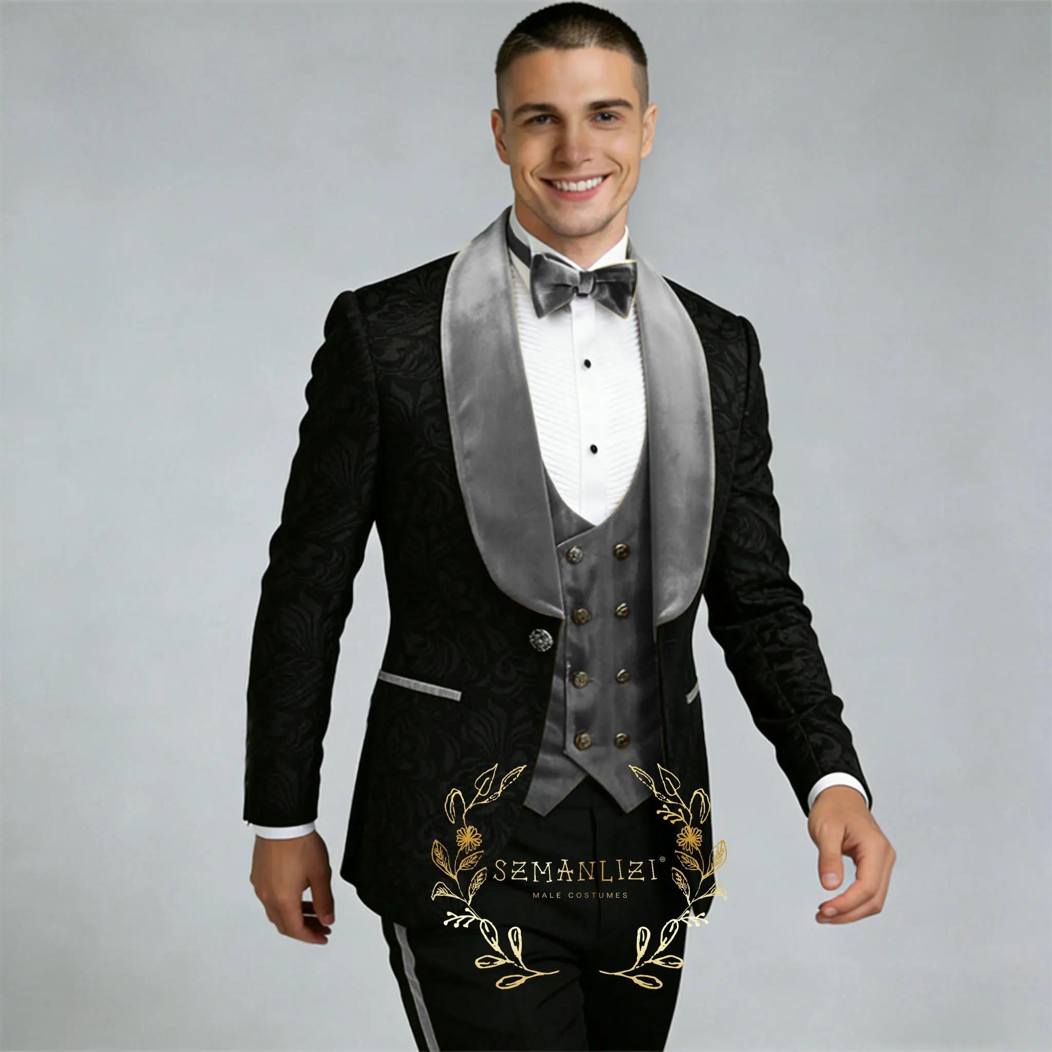 

Черный костюм с цветочным принтом для мужчин, серый бархатный смокинг с шалевым воротником, свадебный костюм для жениха, 3-х предметный комплект, мужской костюм, набор для торжественных мероприятий.