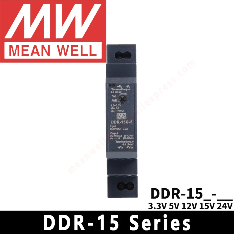 Mean Well DDR-15G/15L-3.3/5/12/15/24 Din Rail 18-75VDC/9-36VDC Input DC/DC Converter meanwell DC/DC Power Supply
