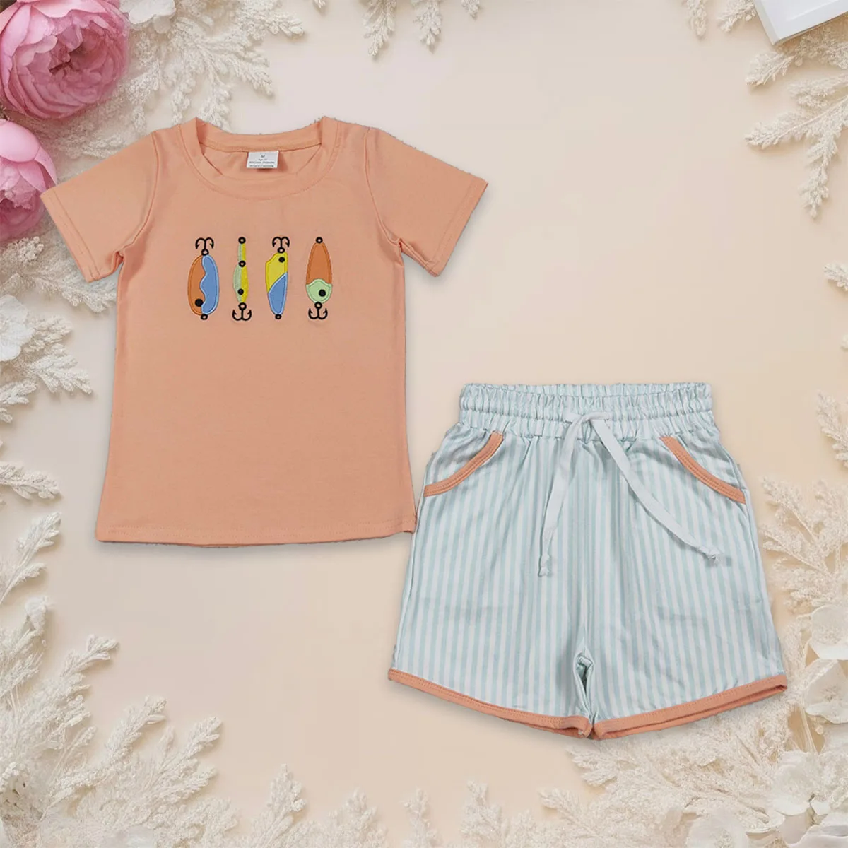 Baby Boy Short Sleeve Embroidery Hunting Top Clothes Kids Set Stripe Pockets Shorts Infant Toddler Outfits Children Clothing