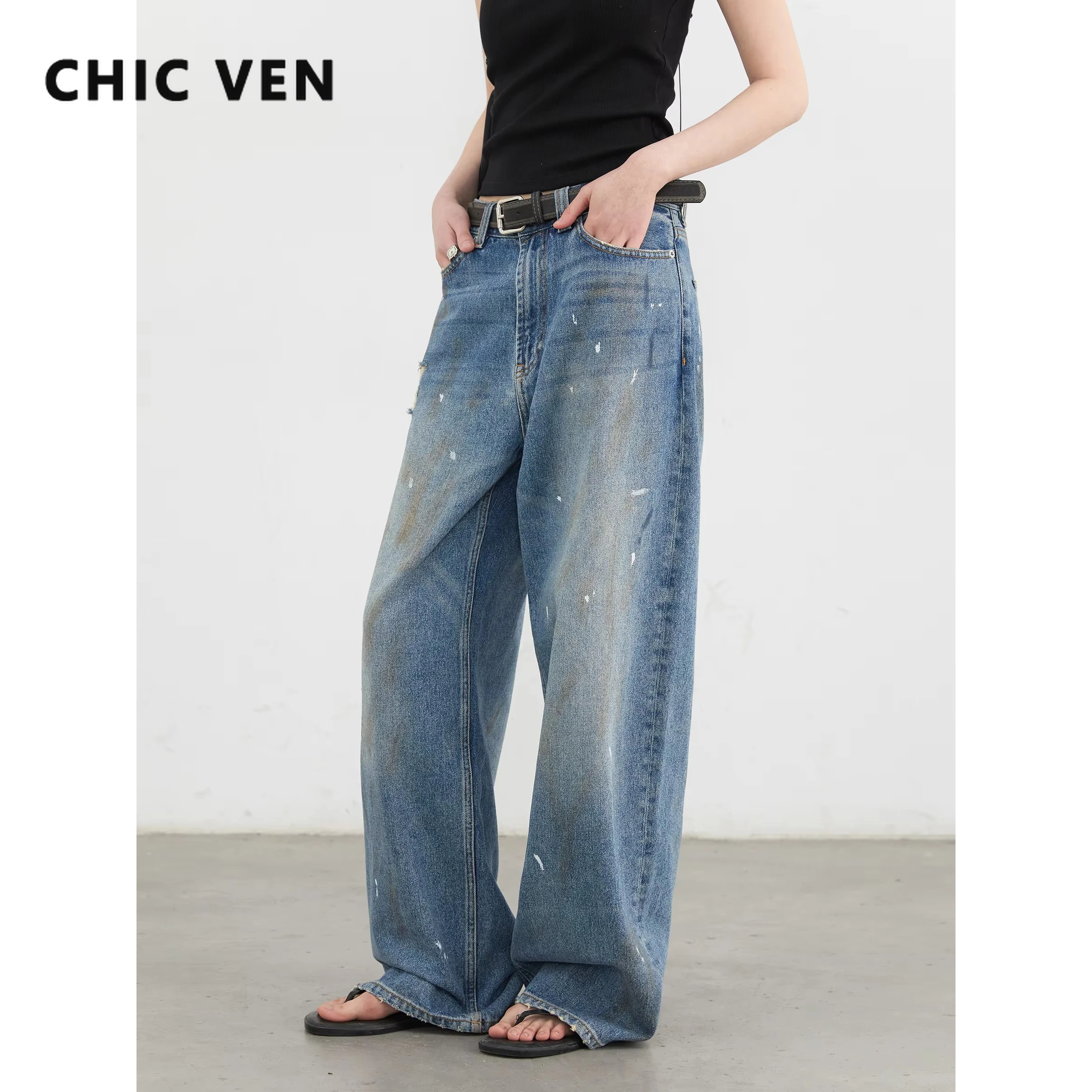 

CHIC VEN Women Jeans Blue Loose Casual New Retro High Waisted Straight Leg Wide Leg Denim Pants Female Trousers Summer 2025