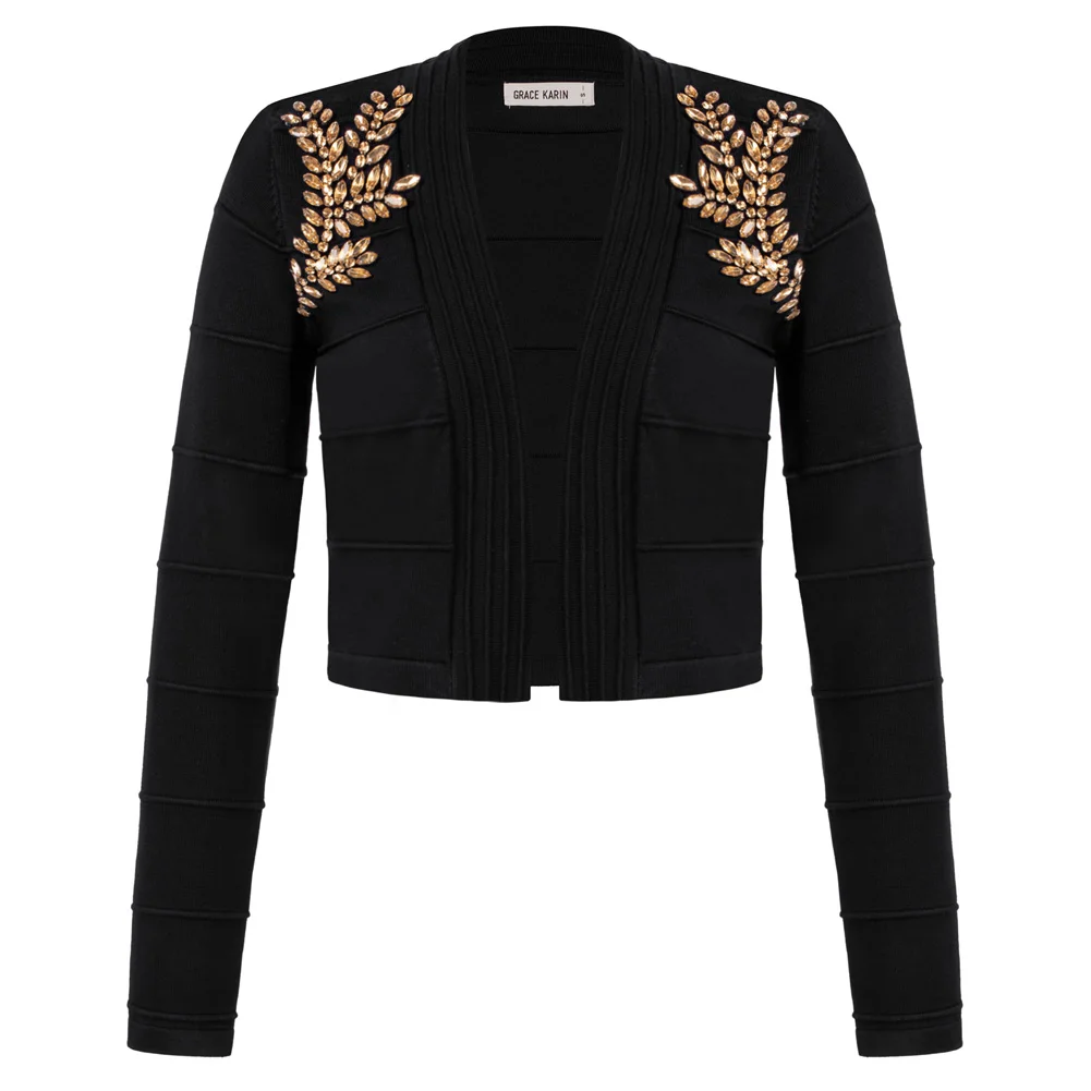 

GK Women Rhinestones Decorated Cardigan Long Sleeve Open Front Cropped Sweater