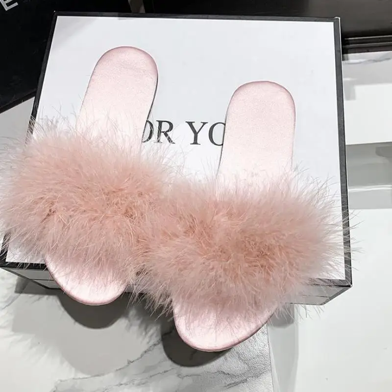 Slippers For Women Brides Bridesmaids Sweet Pink Red Fur Wedding Party Shoes Women\'s Fur Slipper Feather Modern Slippers