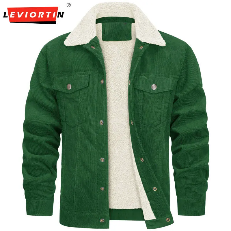 Men's winter new style with plush and thick cotton coat for warmth, solid color lapel, single breasted lamb wool cotton jacket