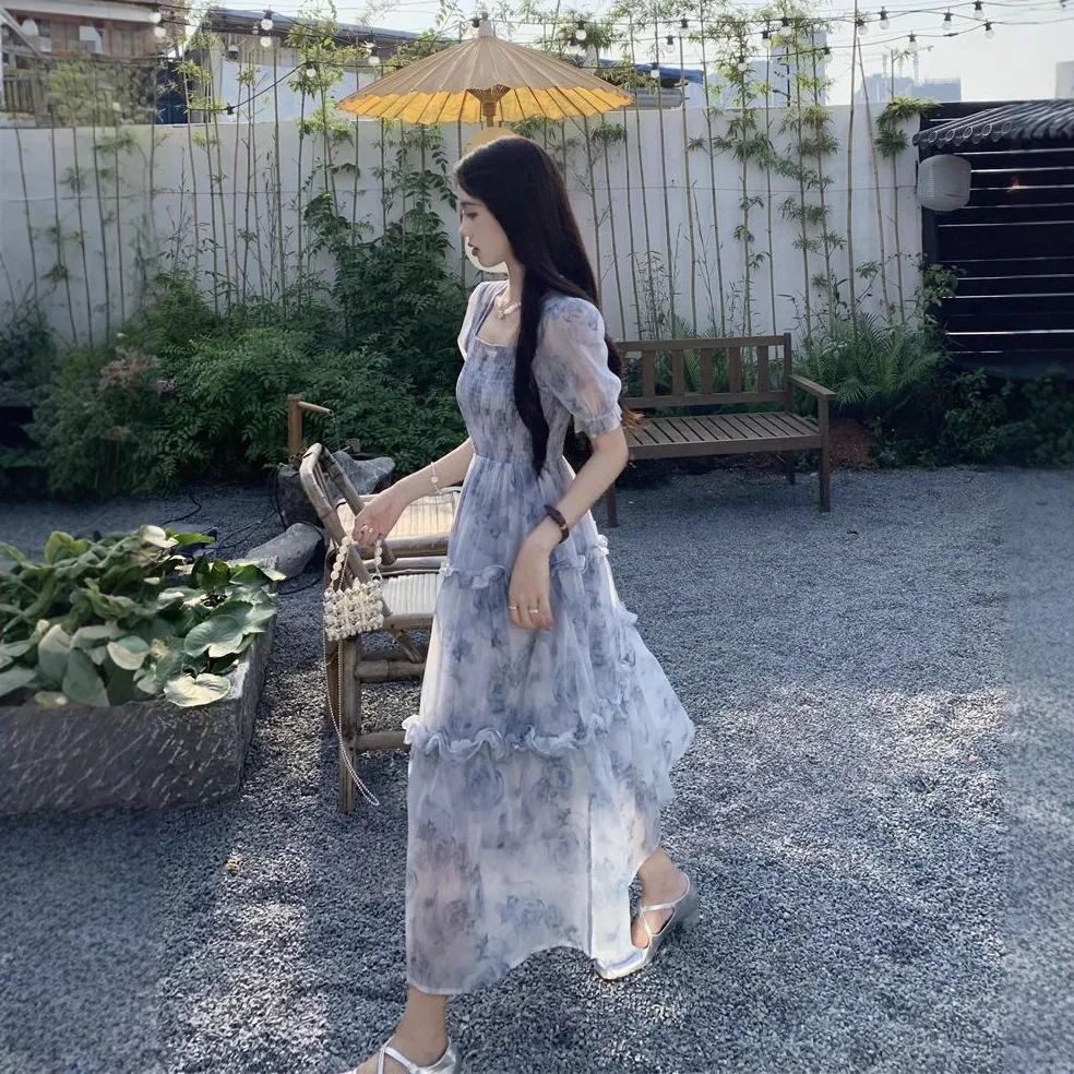 "Zeyla 2024 Letnia kwiecista sukienka w kształcie litery A - szyfonowa sukienka maxi z wysokim stanem Boho Kwiecista sukienka letnia na wakacje"